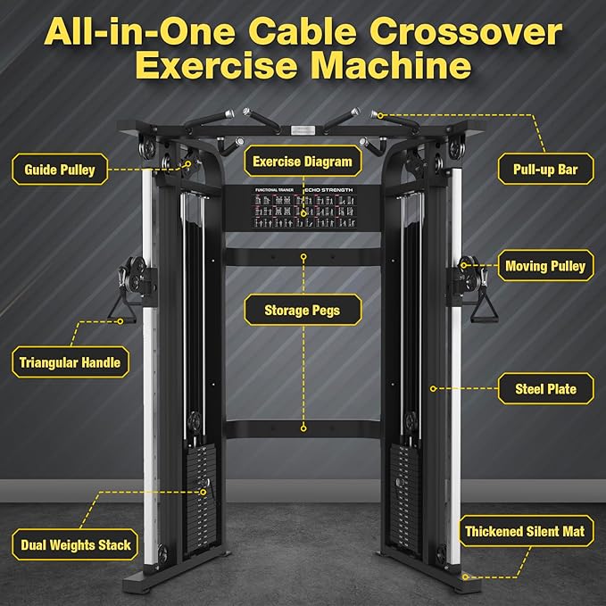 Cable Crossover Exercise Machine for Home & Commercial Gym, Functional Trainer Cable Machine, Functional Training Center All in One Home Gym Cable Machine, 180lbs Dual Weights Stack for Cable Workout
