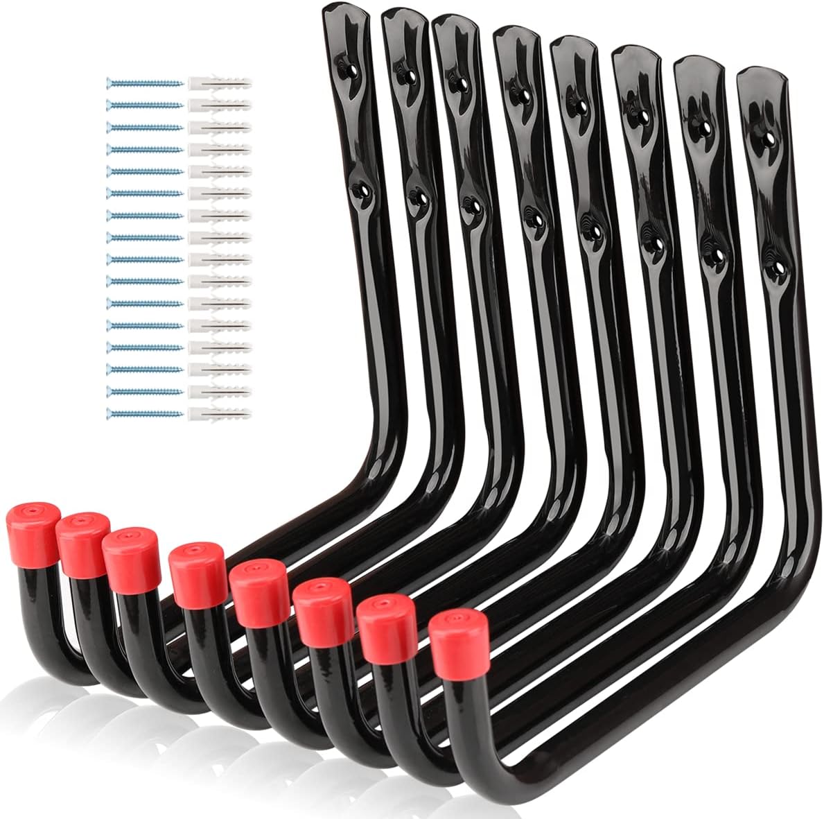 8 Pack Wall Mount Storage Hooks, 9.6IN Garage Utility Hanger for Ladder, Hold Chairs, Garden Tool, Hose, Bike Black +Red 9.6Inch x 8.8Inch