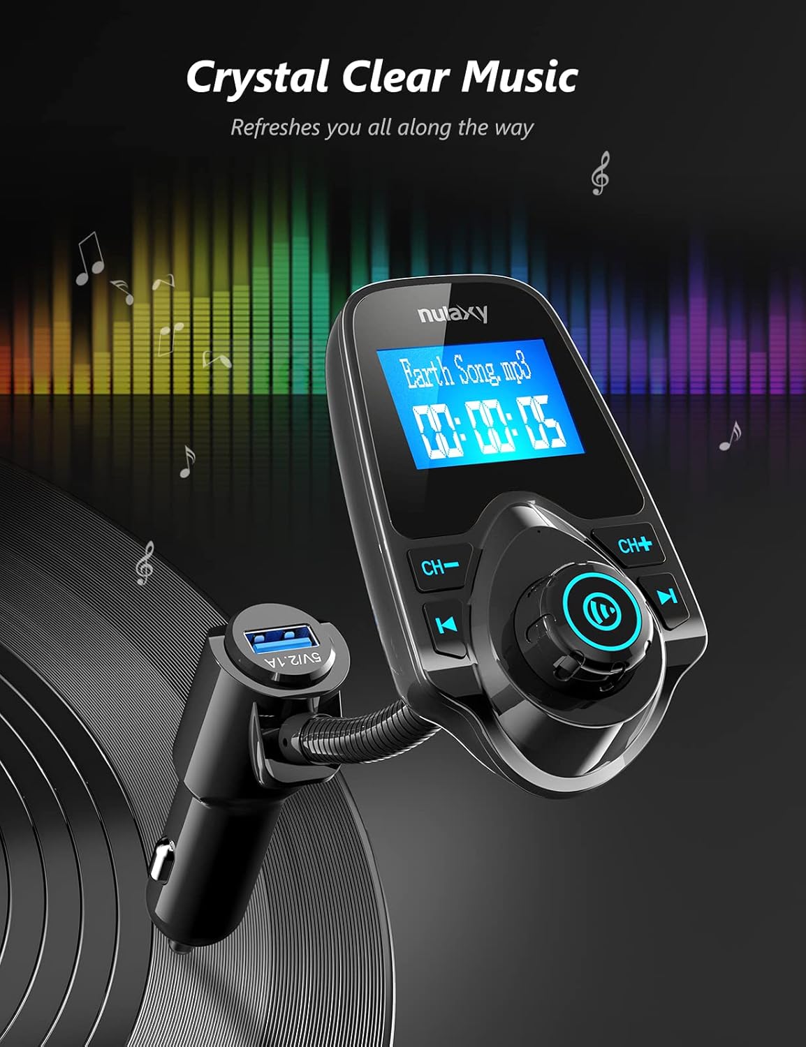 Nulaxy Car Bluetooth FM Transmitter [2024 Upgraded], 1.44" Display Flexible Gooseneck, Handsfree Call Wireless Music Stereo Audio Player Radio Adapter Car Kit USB Phone Charger, TF SD Card AUX-KM18