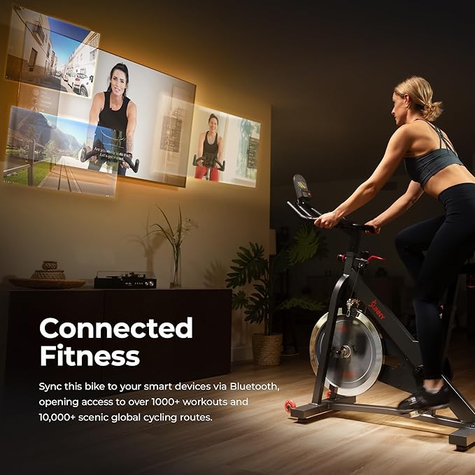 Sunny Health & Fitness Smart Pro Indoor Cycling Exercise Bike, Felt Resistance and Belt Drive, Free SunnyFit App Connection - SF-B901SMART