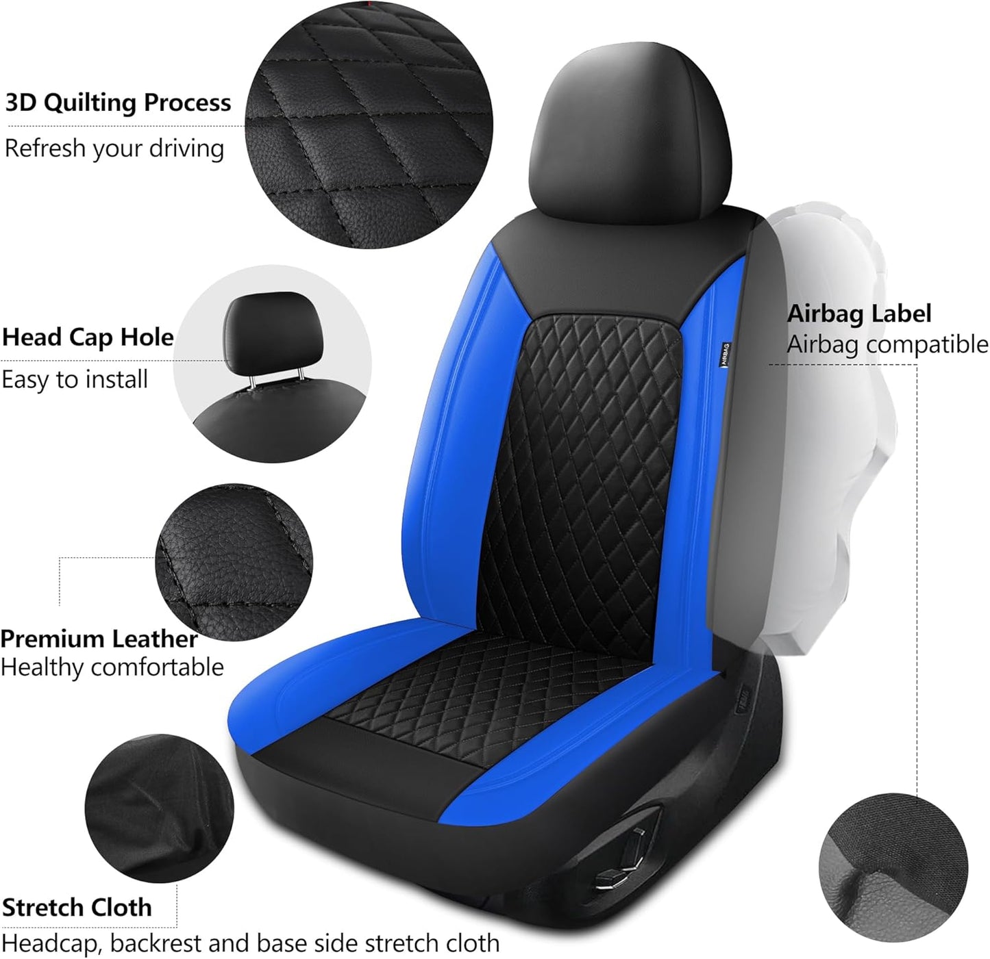 Car Seat Covers,Breathable and Waterproof Seat Covers,Luxury PU Universal Fit Automotive Airbag Compatible for Cars Sedans SUV and Truck(2 Pieces,Front Seat,Black+Blue,N1)