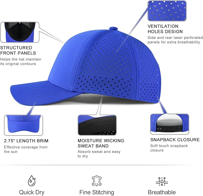 VOBOOM Men Quick Dry Baseball Cap Laser Cut Mesh Ball Curved Brim Snapback Hat