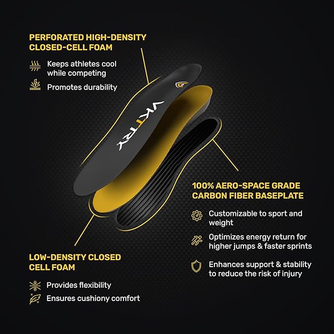 VKTRY Gold for Non-Cleated Shoes - Carbon Fiber Performance Insoles - Customized Athletic Inserts for Sports Basketball Volleyball Running & More | Shock Absorption US M7.5-8, W9.5-10, <120lbs