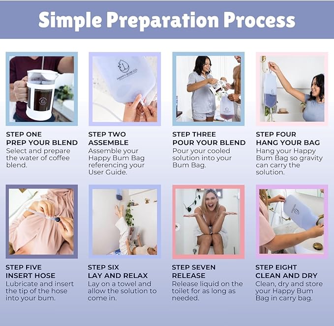 Happy Bum Bag Enema Kit | 6.5ft Silicone Hose, 2L Non-Toxic Silicone Enema Bag with 3 Replacement Tips | Reusable Coffee Enema Kit Suitable for Water & Coffee Enemas for Colon Cleanse for Women & Men