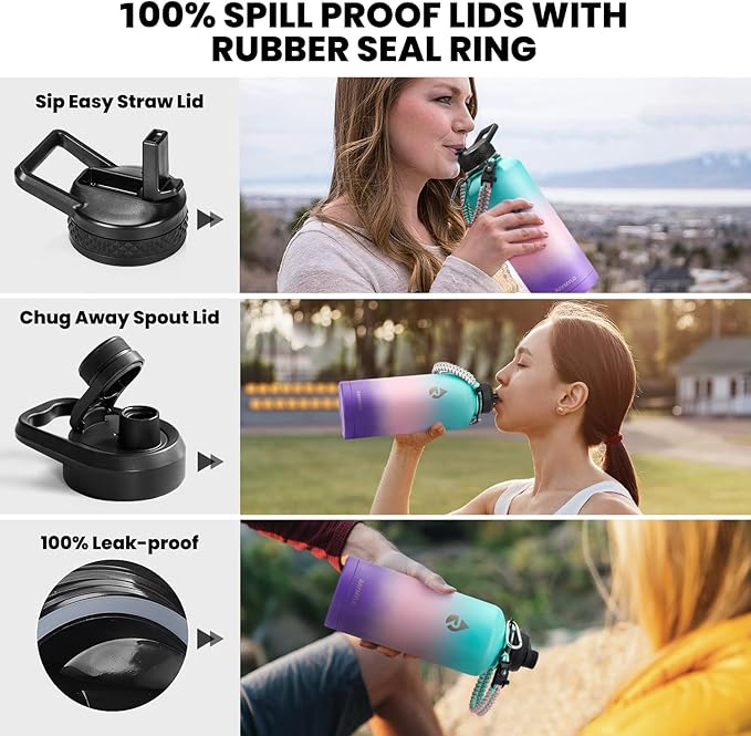 Insulated Water Bottle 87 oz, Triple Wall Vacuum Stainless Steel (Cold for 48 Hrs), Leak Proof & Non-BPA, Modern Water Flask Jug with Paracord Handle & Straw Spout Lids, Hydrangea