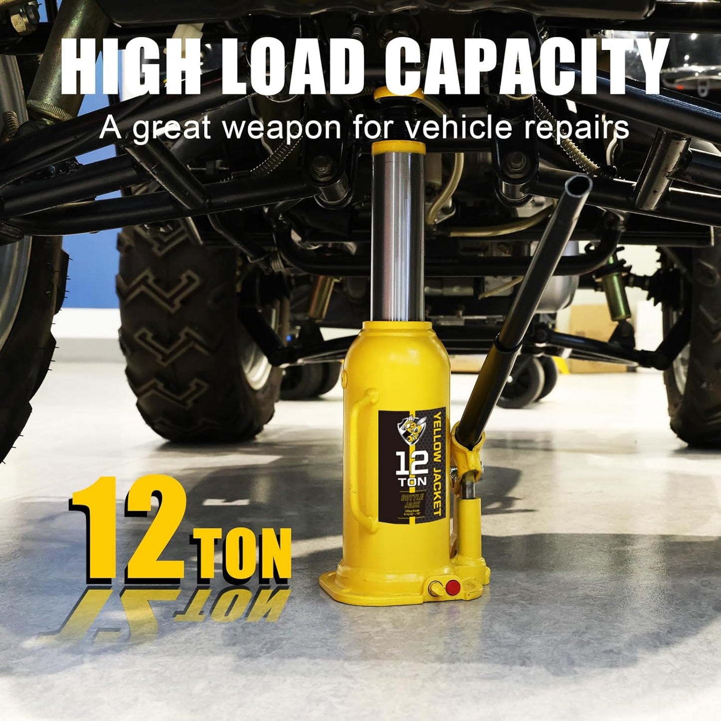 YELLOW JACKET 12 Ton Muti-Directional Welded Bottle Jack (24,000lb), Horizontal Bottle Jacks Use for Car, Pickup, Truck, RV, Auto Repair, Hydraulic Bottle Jack, Yellow