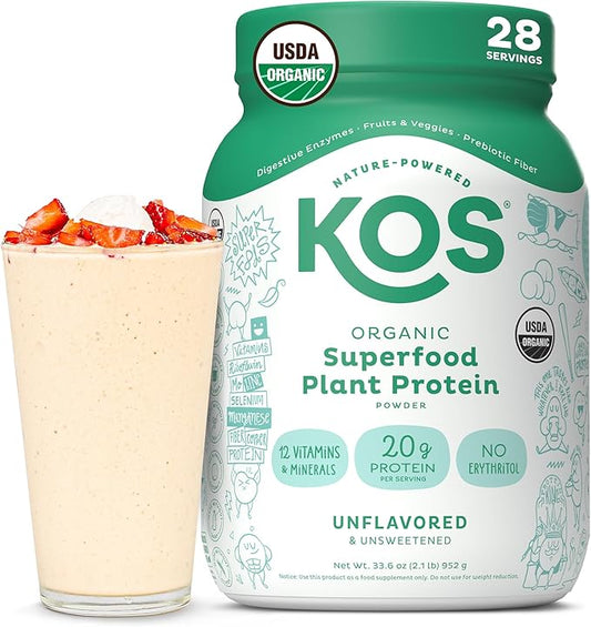 KOS Vegan Protein Powder, Unflavored & Unsweetened - Low Carb Pea Protein Blend, Organic Superfood Rich in Vitamins & Minerals - Keto, Soy, Dairy Free - Meal Replacement for Women & Men - 28 Servings