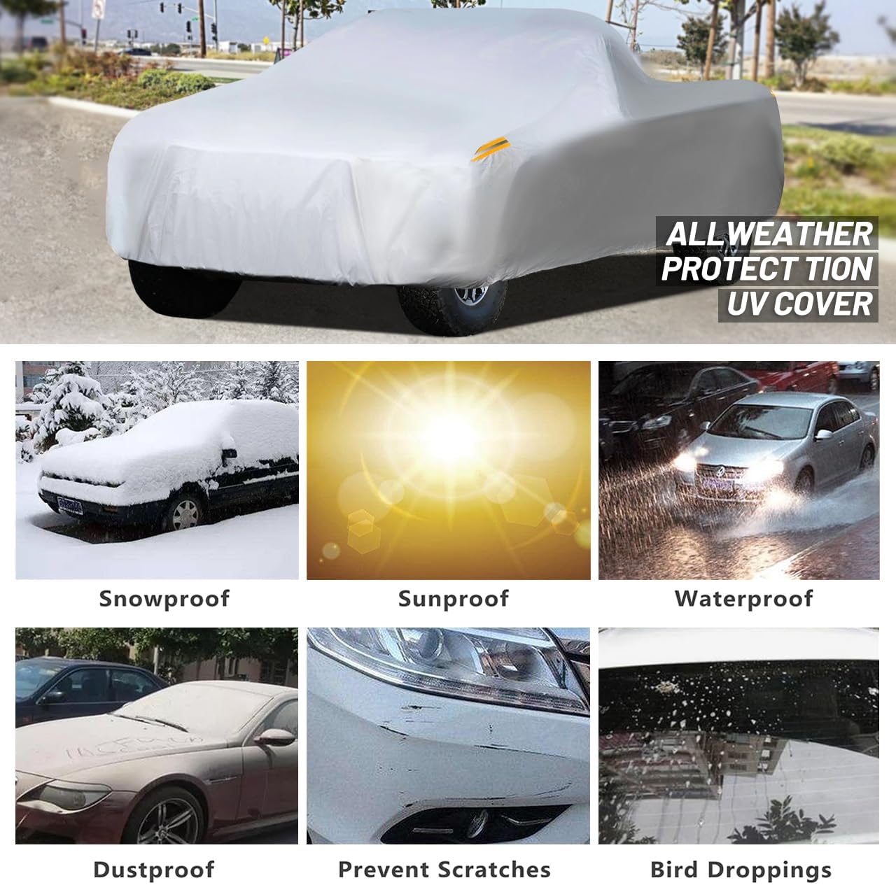 MORNYRAY Waterproof Car Cover All Weather Snowproof UV Protection Windproof Outdoor Full Truck Cover, Universal Fit for (Fit Truck Length 210-230 inch,All Silvery)