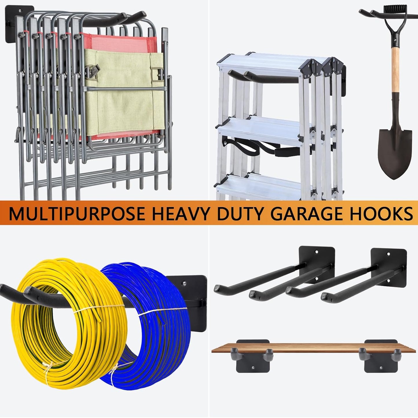 Sinoer Upgraded Heavy Duty Garage Hooks, Utility Steel Garage Hooks, 14 Inch Square Tube Double Garage Wall Mounting Hooks for Chairs, Ladders, Ropes and Strollers, 4 Pieces