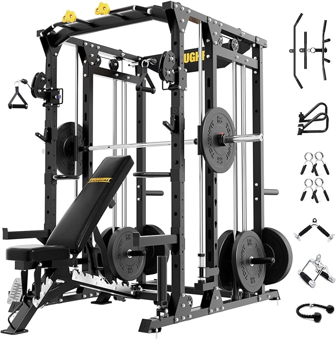F4 Smith Machine, Power cage with Adjustable Cable Crossover System, All-in-One Squat Rack Training Equipment for Home Gym