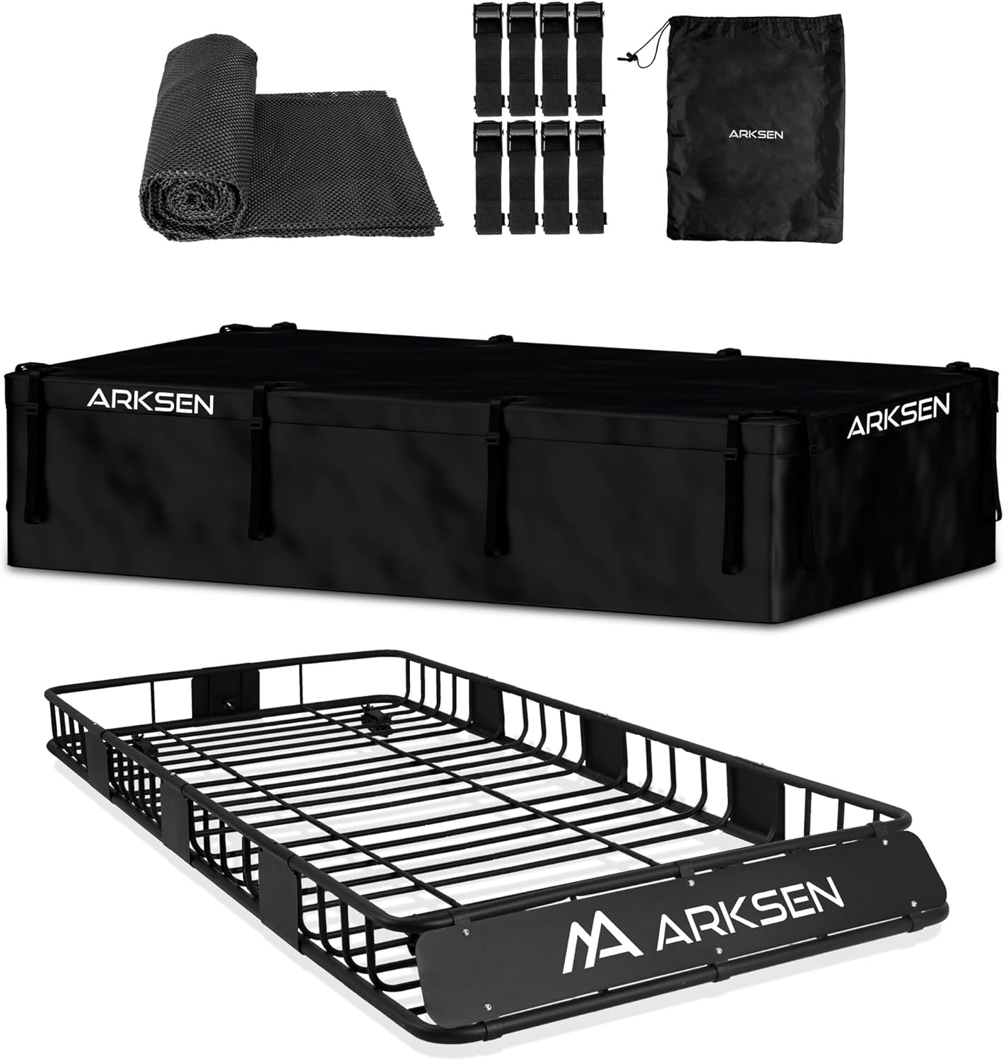 ARKSEN 84 x 39 x 6 Inch Universal 150LB Heavy Duty Roof Rack Cargo with 500D PVC Waterproof Cargo Bag, Top Luggage Holder Carrier Basket with Extension for SUV, Truck, & Car Steel Construction