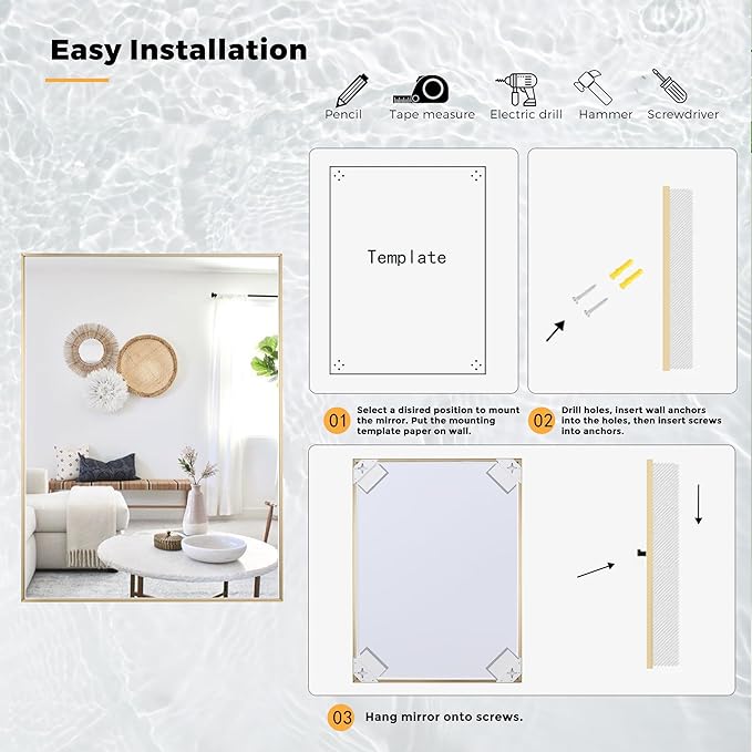 24x40 Inch Brass Bathroom Mirror for Wall, Aluminum Frame Rectangle Rectangular Vanity Mirror, Modern Large for Bedroom, Living Room, Horizontal or Vertical