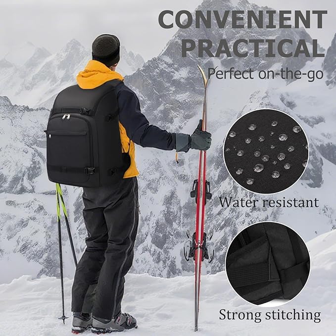 JIANYA Ski Boot Bag, 50L Waterproof Travel Backpack for Snowboard, Ski Helmet, Goggles, Gloves & Accessories, Black