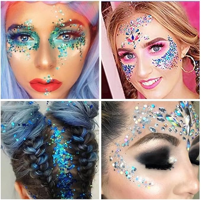 Go Ho Red White and Blue Body Glitter Set,4th of July Outfits for Women Reflective Glitter Makeup,Face Glitter Gel,Holographic Long Lasting Chunky Sequins Glitters,4th of July Accessories