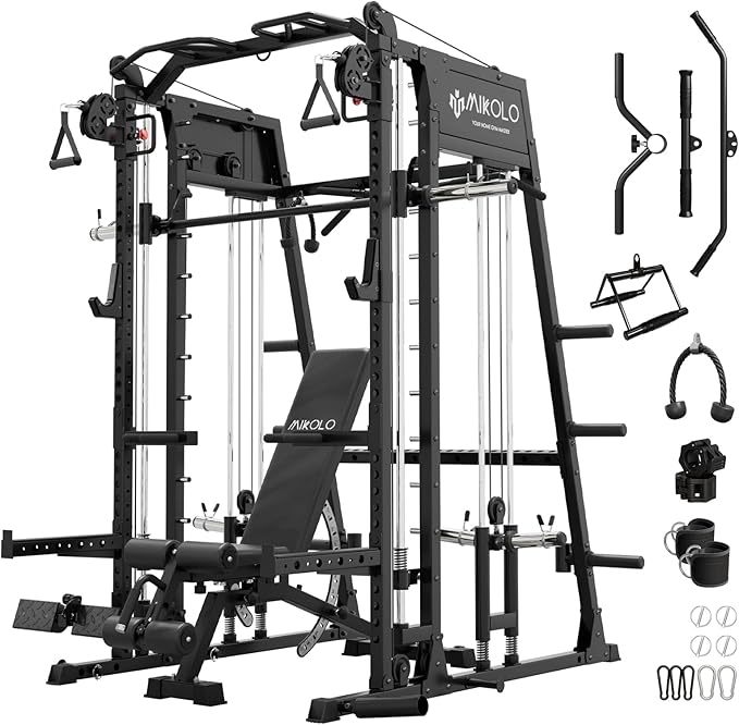 Mikolo Smith Machine, 2200lbs Squat Rack with LAT-Pull Down System & Cable Crossover Machine, Training Equipment with Leg Hold-Down Attachment