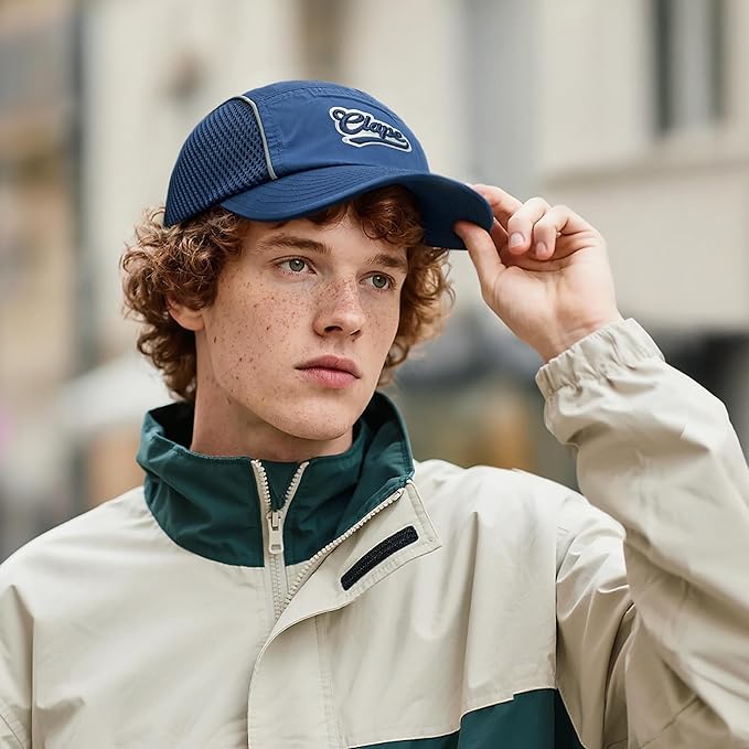 CLAPE Quick Dry 5 Panel Hat for Men, Breathable Mesh Short Brim Baseball Cap, Reflective Ajustable Outdoor Sport Running Hat