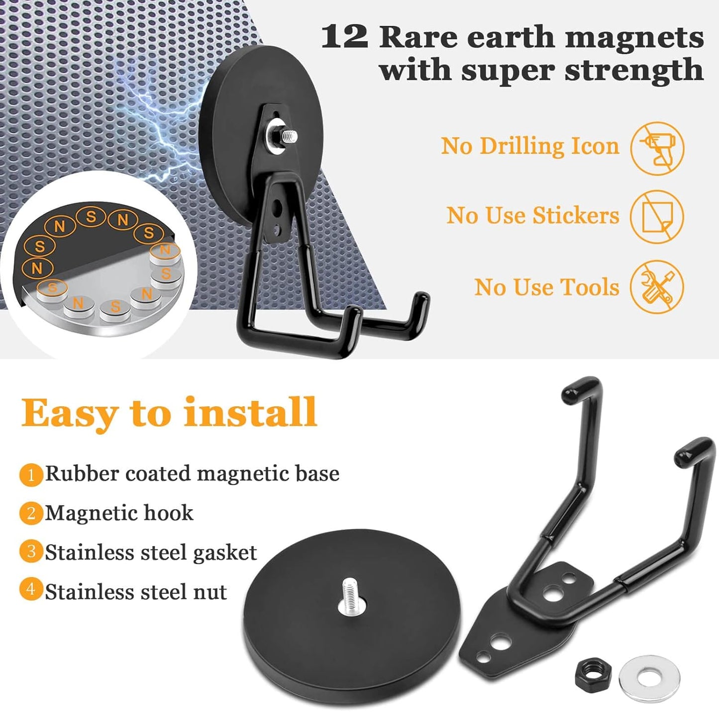 Magnetic Hooks Heavy Duty, 45 lbs Pulling 3.46" Strong Magnetic Hooks with Anti-Slip Coating, 2 Pcs Industrial Strength Utility Magnet Hooks, for Cordless Drills Hanging, Metal Cabinets, Tool Pegboard