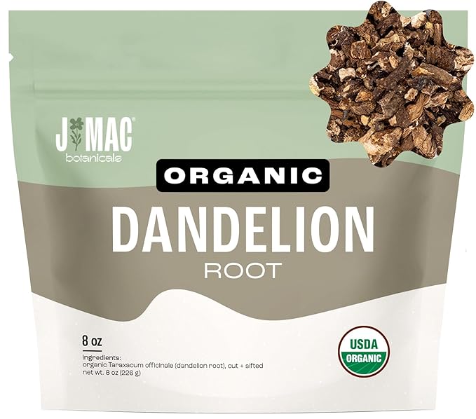 J Mac Botanicals Organic Dandelion Root (8 oz) unroasted, herb for tea and other infusions, Packaged in the USA, Certified USDA Organic