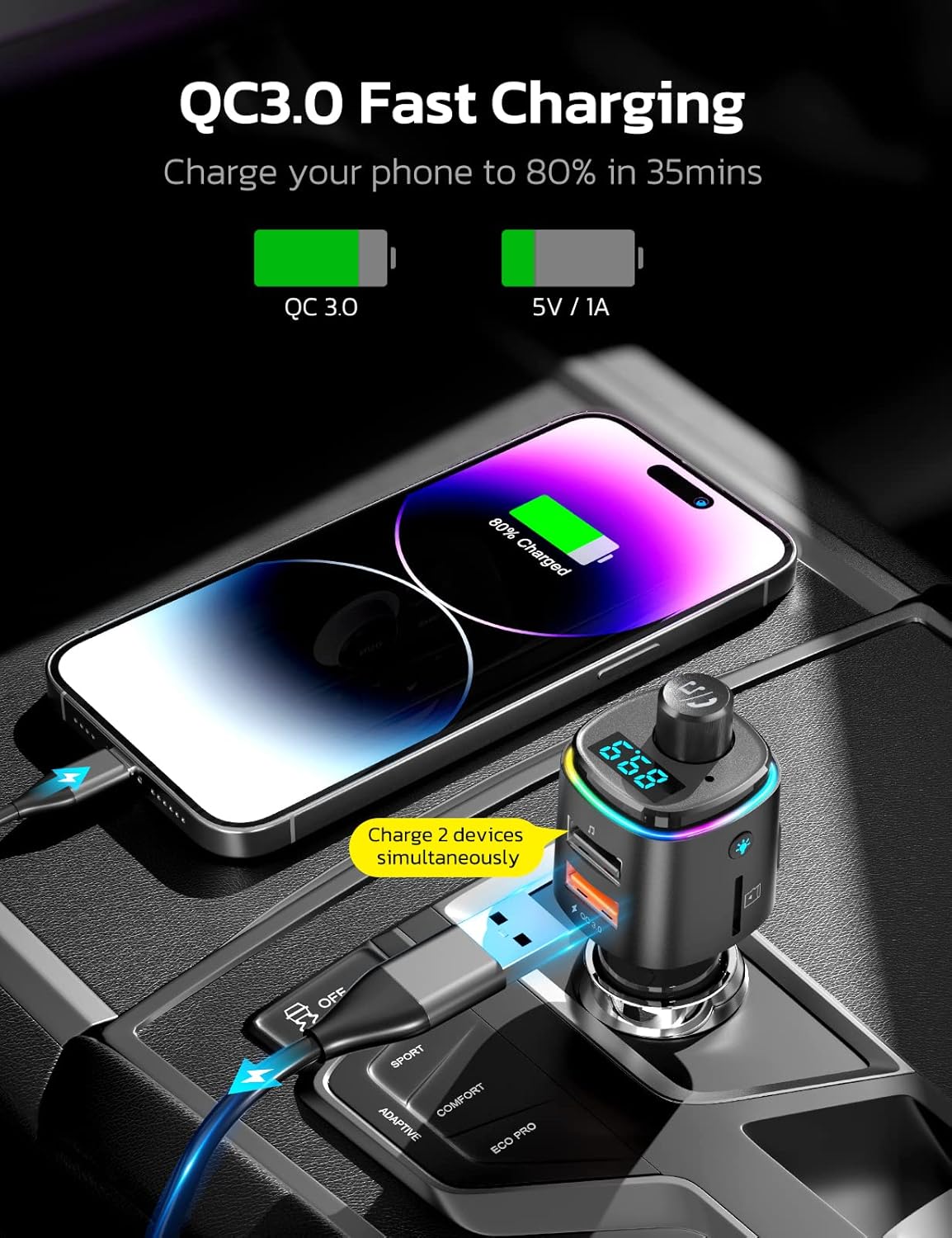 Nulaxy Bluetooth FM Transmitter, QC3.0 Fast Charge Bluetooth Car Adapter, Wireless Radio Car Kit with 7 Color LED Backlit, USB Flash Drive, microSD Card, Glossy Black