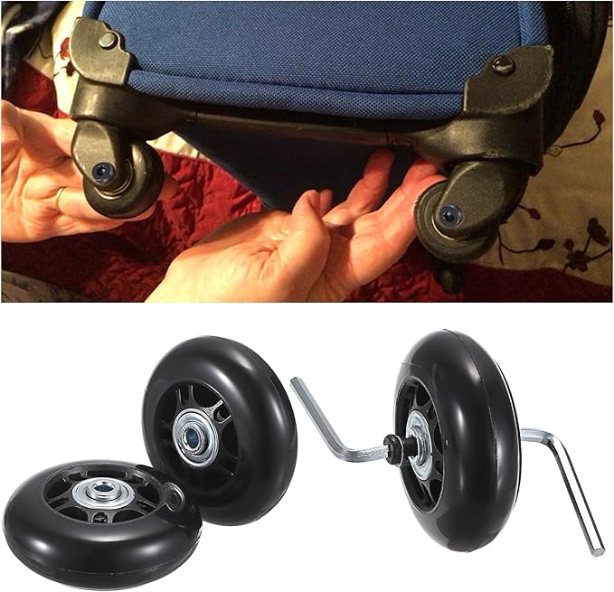 OwnMy 70mm x 23mm Luggage Wheels Replacements Set of 2 Mute Suitcase Replacement Wheels with Black Screws Axles Bearings, Silent Rotatable Rubber Luggage Suitcase Swivel Wheel Kit