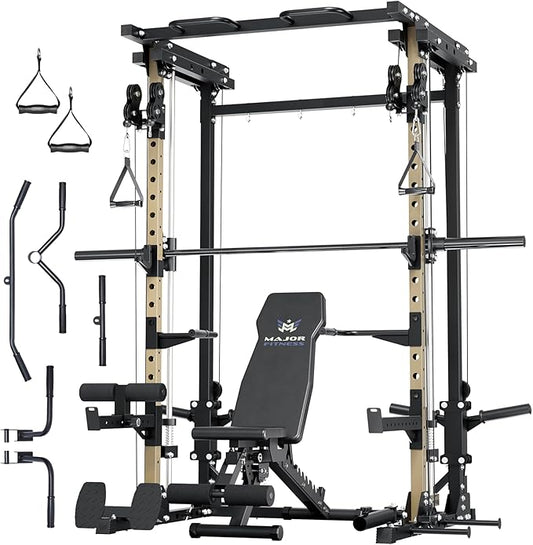 Major Fitness Drone3 Smith△ Machine – All-in-One Home Gym Squat Rack with Weight Bar, Cable Crossover Machine – Heavy-Duty Fitness Equipment for Strength Training and Full-Body Workouts