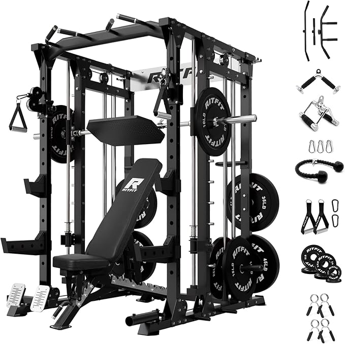 RitFit Smith Machine Power Cage with LAT Pulldown & Cable Crossover, All-in-One Power Rack Home Gym System with Leg Press Attachment & Accessories