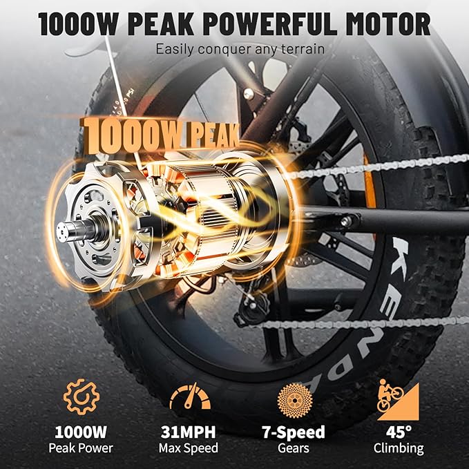 V8 Electric Bike for Adults, 20'' Fat Tire E Bike with Powerful Motor 48V 15Ah Removable Battery, 7-Speed Gears, 2 Seater E-Bike, Ebike Moped Style for Mountains, Snow, Sand, Road