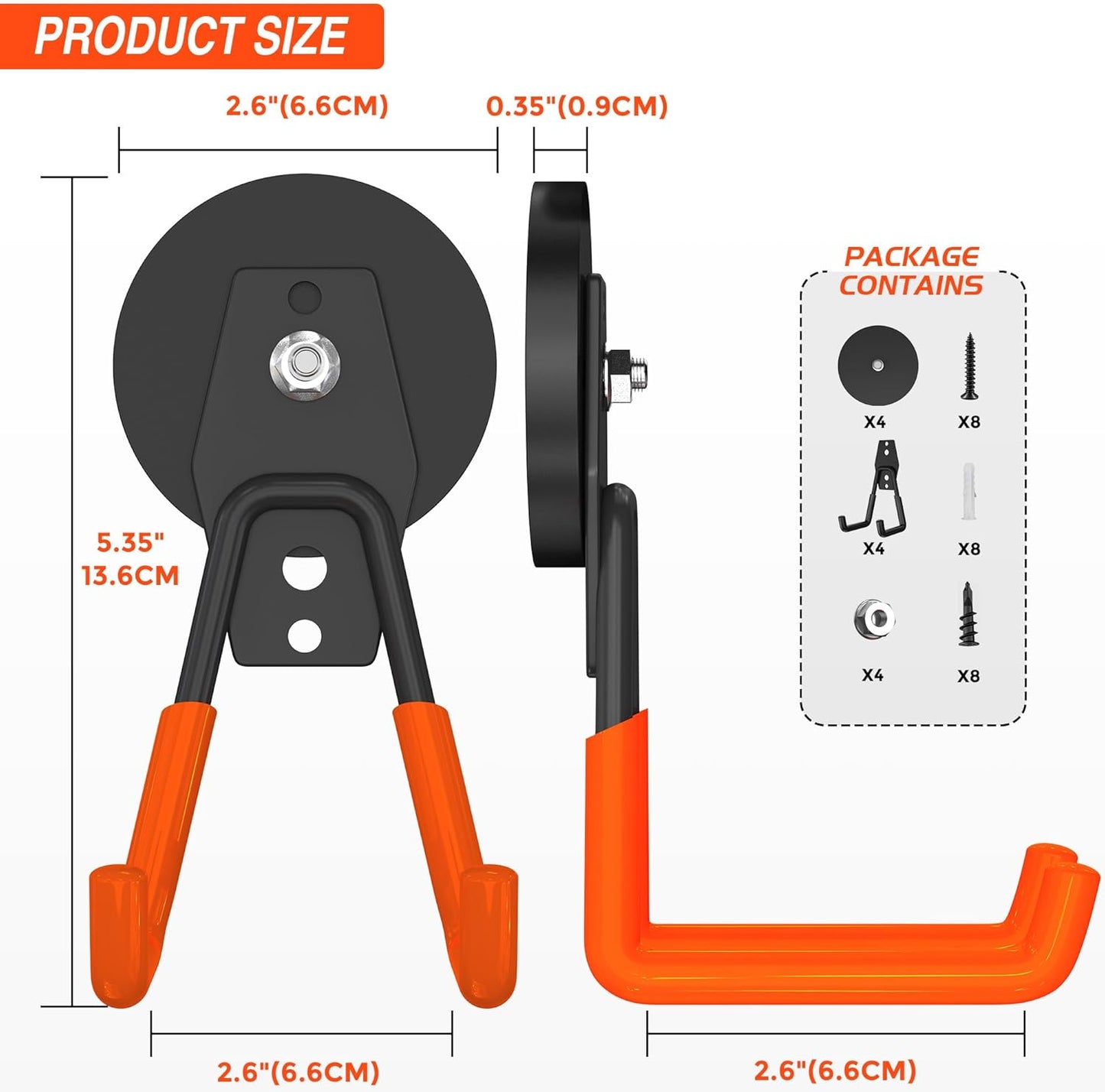 4Pcs Magnetic Hooks Heavy Duty, Large Strong Magnetic Storage Hook for Hanging Garage Tool, 66mm Magnet Hooks with Anti-Slip Coating, Magnetic Holder for Power Drill/Metal Cabinet/Garden Tools