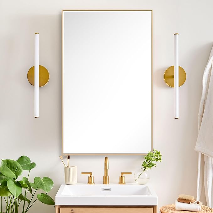 27x40 Inch Orange Gold Bathroom Mirror for Wall, Aluminum Frame Rectangle Rectangular Vanity Mirror, Modern Large for Bedroom, Living Room, Horizontal or Vertical