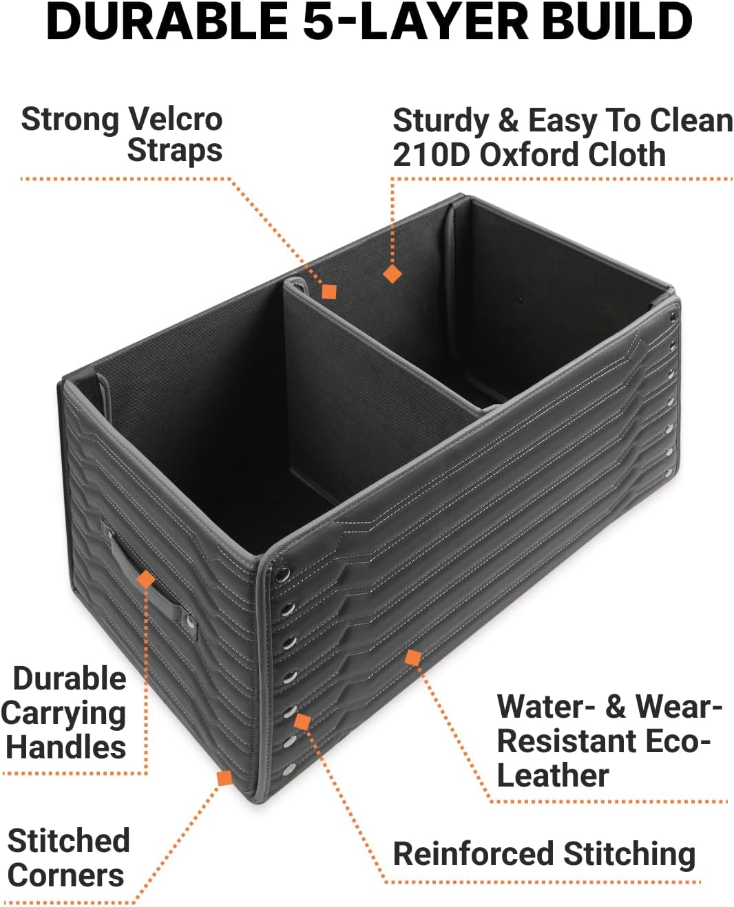 Trunk Storage 17.7" Collapsible Crate For Groceries, Tools & Travel Gear - Eco-Leather Car Organizer With Magnetic Lid - Practical Birthday Gift For Men (Highway 17)