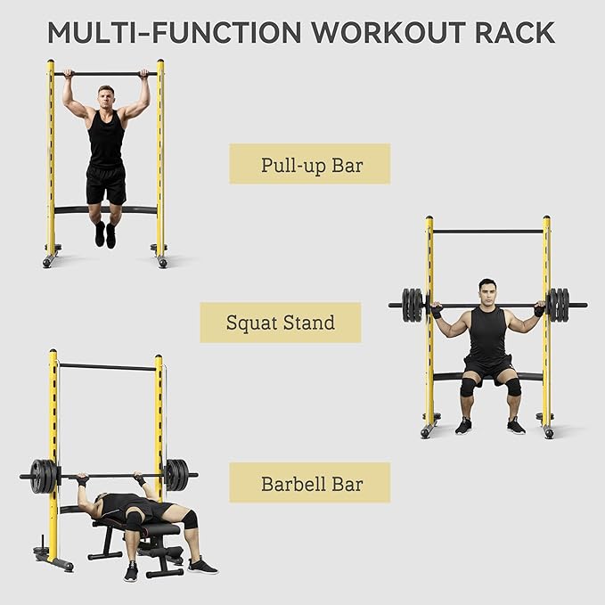 Soozier Squat Rack with Pull-Up Bar, Adjustable Power Rack with Barbell Bar, Multi-Functional Bench Press Rack for Home Gym Strength Training