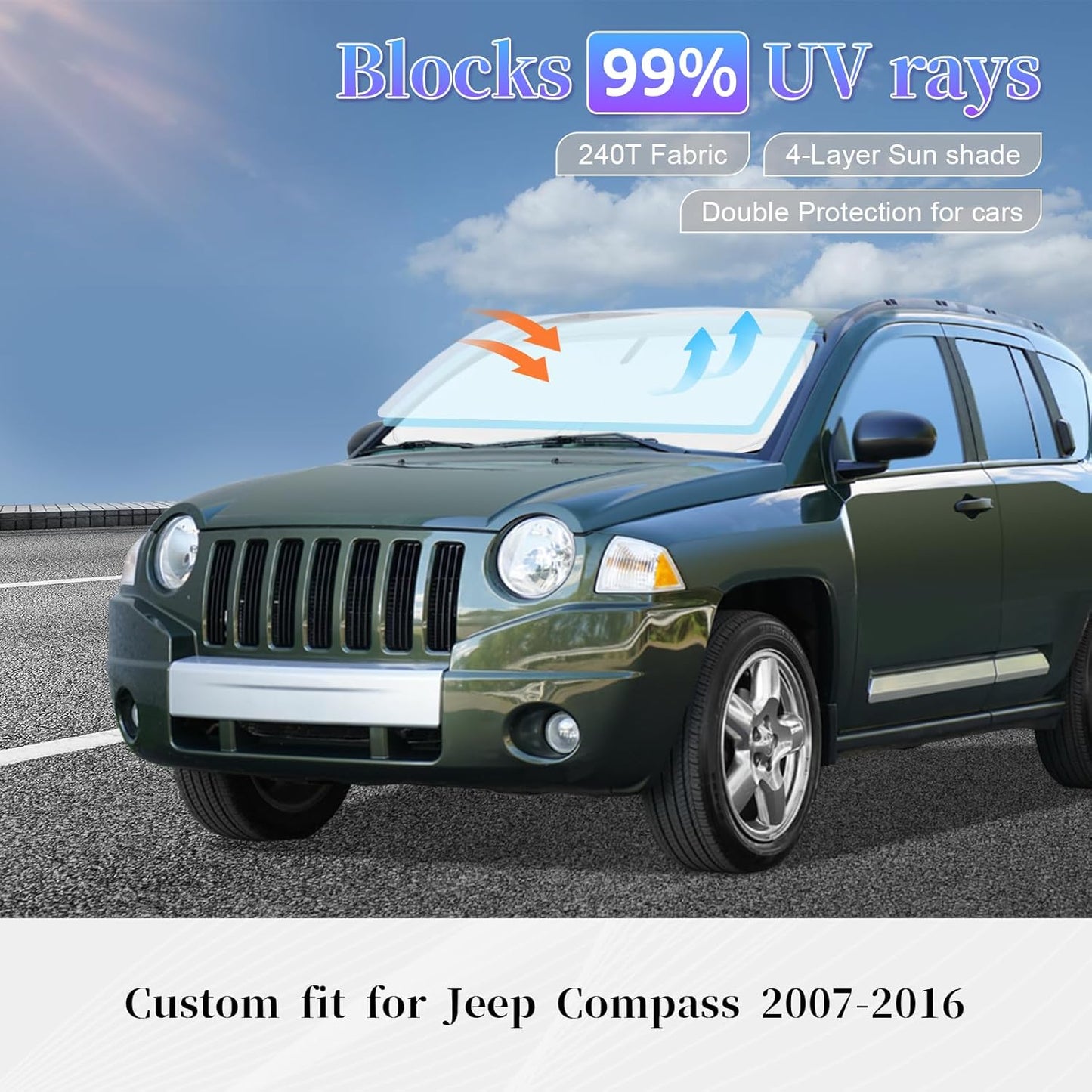 Sun Shade Sunshade for Jeep Compass Windshield Cover, 4-Layer Front Window Shade Custom fit Compass 2007-2016 Sun Visor 240T Retractable Shade Shield Blocks UV Rays Cooler Car Accessories