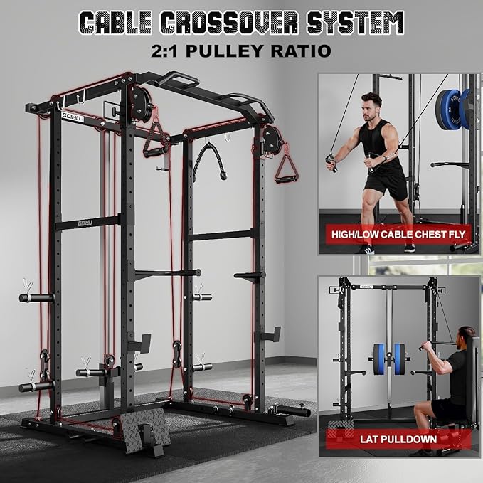 R1-V4 Power Cage Rack, 2000LB Squat Rack with Cable Crossover System, Multi-Function Weight Cage, Home Gym Workout Machine with More Training Attachments