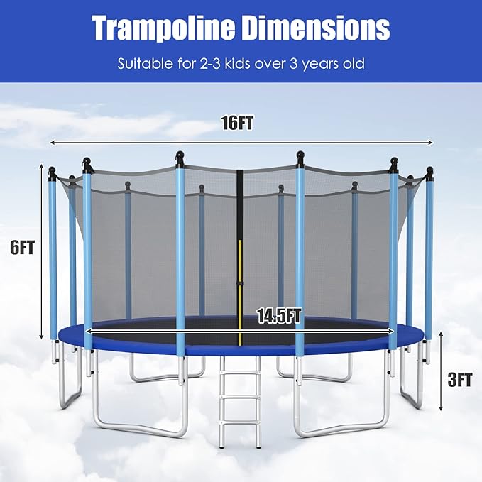 GYMAX Trampoline, 8FT 10FT 12FT 14FT 15FT 16FT Recreational Trampolines w/Safety Enclosure Net & Ladder - ASTM Certificated, Outdoor Trampoline for Kids and Adults