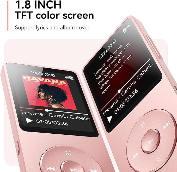 AGPTEK A02 MP3 Player with Bluetooth 5.3, 1.8 inch Screen Portable Music Player with Speaker, FM Radio, Voice Recorder, Supports Expanded Up to 128GB(Rose Gold, 64GB)