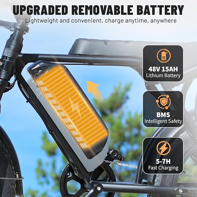 V8 Electric Bike for Adults, 20'' Fat Tire E Bike with Powerful Motor 48V 15Ah Removable Battery, 7-Speed Gears, 2 Seater E-Bike, Ebike Moped Style for Mountains, Snow, Sand, Road