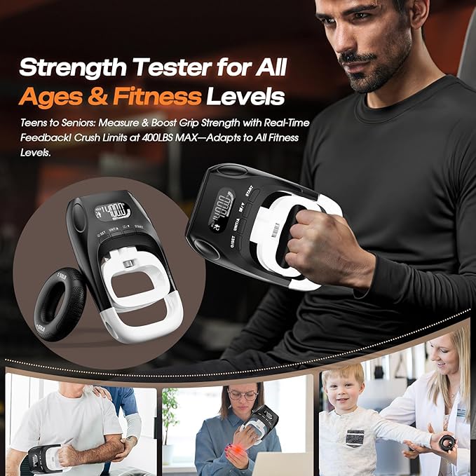 Grip Strength Tester & Trainer 2-in-1 Combo Set-Digital Hand Dynamometer with LCD Display, Max 400lb/180kg Capacity, Resistance Ring with Ergonomic Design for Sports, Gym, Home & Rehab