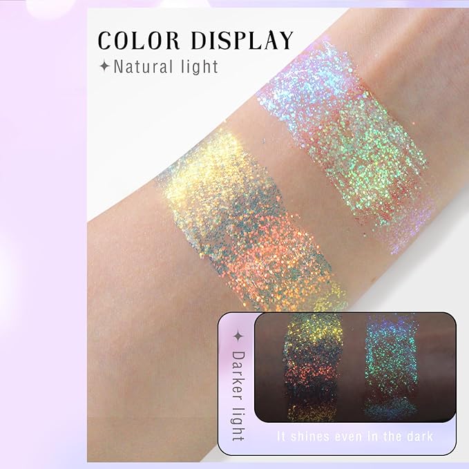 Roll-on Holographic Body Glitter Gel for Face Hair, Chameleon Color Changing Glitter Gel Under Light, Chunky Mermaid Sequins Festival Party Rave Accessories Shimmer Makeup (12# Sparkling Blue)
