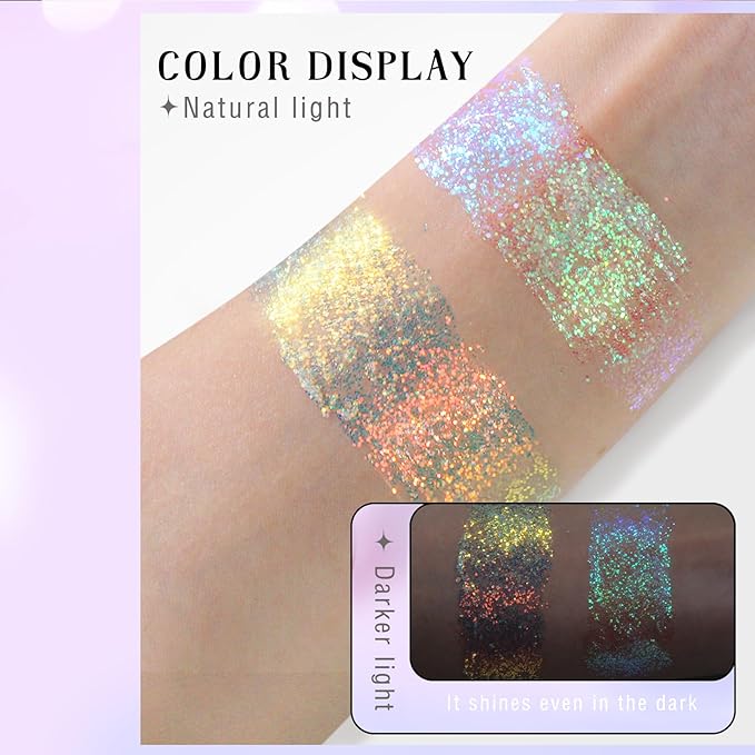 Roll-on Holographic Body Glitter Gel for Face Hair, Chameleon Color Changing Glitter Gel Under Light, Chunky Mermaid Sequins Festival Party Rave Accessories Shimmer Makeup (11# Mermaid)