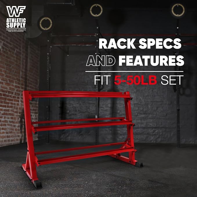 WF Athletic Supply Heavy-Duty Dumbbell Rack Stand, Weight Rack for Home Gym, Weight Holder, Available Sizes for Storage 5-50LB or 5-75LB Dumbbell Pairs, Black/Red/Green/Blue, RACK ONLY