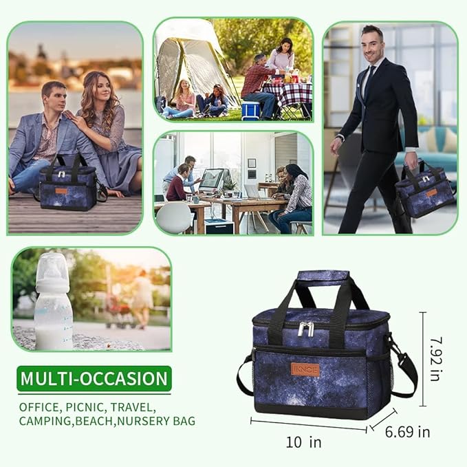 iknoe Large Foldable Cooler Bag, 8.5L Insulated Lunch Bag, Leakproof Lunch Cooler Tote with Multi-Bag Design Suitable for Beach, Picnic and Office Use, Galaxy 15-Can