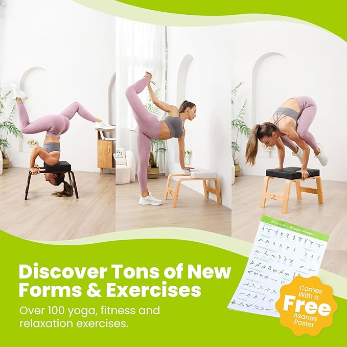 Yoga Headstand Bench, Stand Yoga Chair for Balance Training, Core Strength Building, Upside Down Chair for Relaxation, Handstand Trainer Inversion Chair for Home Gym (Wood White)