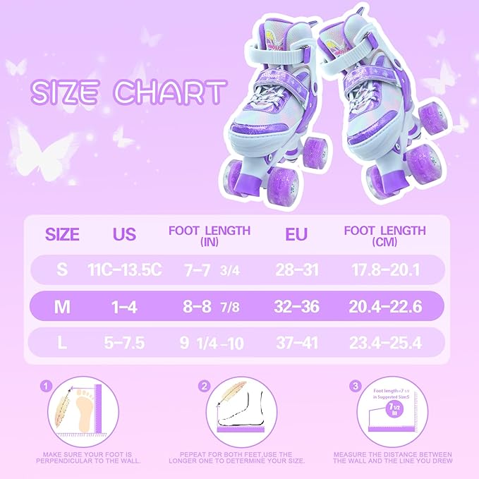 Kids Roller Skates for Girls-Outdoor 4 Size Adjustable Butterfly Quad Rollerskates for Indoor Ages 3-12 Years Beginners Children's Birthday Gift with Light Up Wheels patines para niñas Indoor