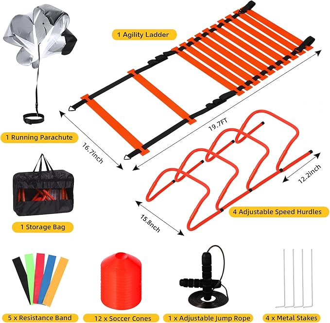 Agility Ladder, Agility Speed Training Set, 20ft 12 Rung Agility Ladder, 4 Agility Hurdles, 5 Resistance Bands, 12 Resistance Cones, Running Parachute, Jump Rope for Athletes, Adults