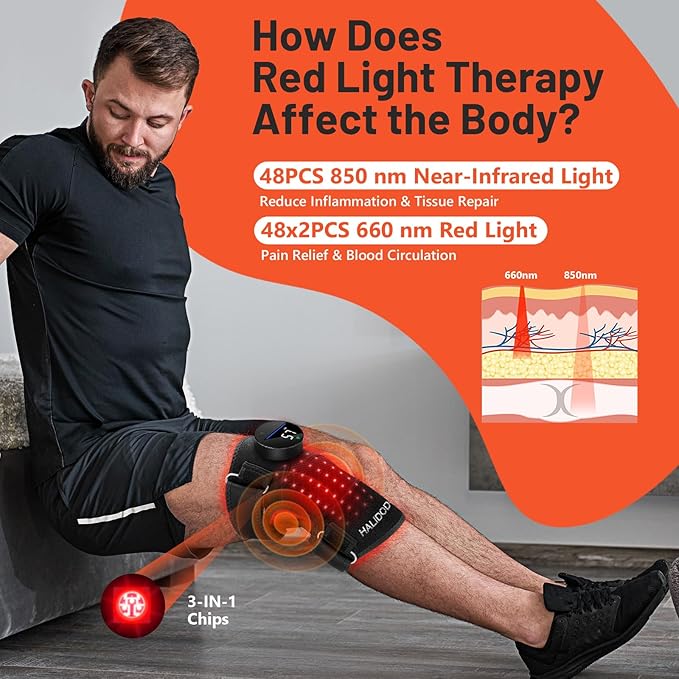 HALIDODO Red Light Therapy & Vibration Massage Knee Brace - Wireless Rechargeable Controller, 660nm&850nm Red Light Therapy Heated Device for Knee/Joint/Elbow/Shoulder Pain Relief, Black.