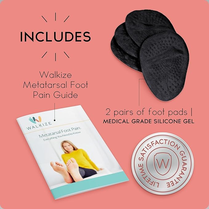 Walkize Metatarsal Pads Women | Heel Inserts for Women | Ball of Foot Cushions (2 Pairs Foot Pads) All Day Pain Relief and Comfort One Size Fits Shoe Inserts (Black)