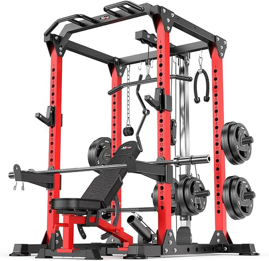 Power Cage Multi-Function Power Rack with Cable Crossover System,1800 LBS Capacity Squat Rack with Weight Bench,for Home Gym