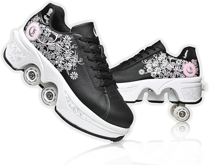 Roller Skate Shoes for Women Four Rounds Children's Roller Skates Shoes That Turn into Rollerskates Sneakers Outdoor Light Shoes with Wheels for Girls/Boys