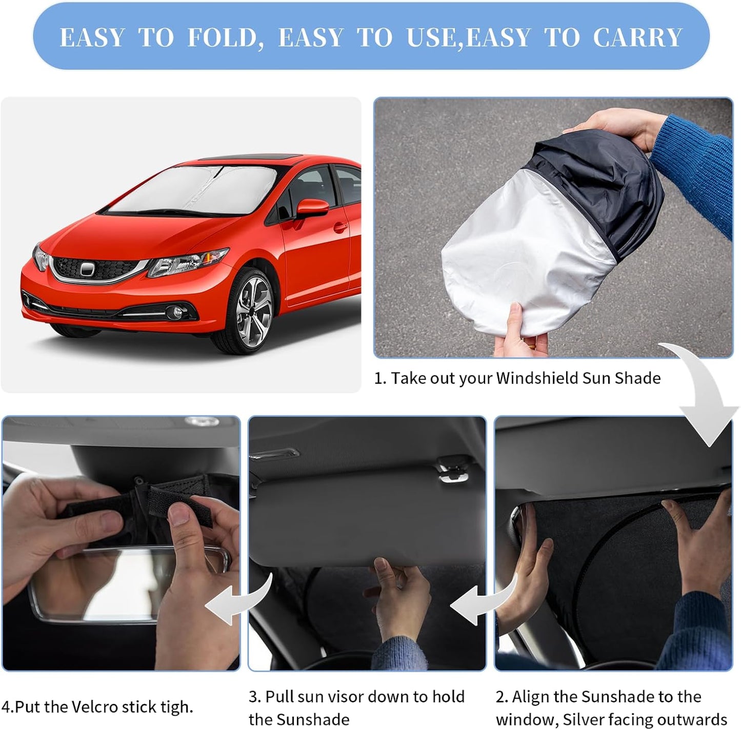 for Honda Civic 2012-2015 Sun Shade Sunshade Windshield Cover, 4-Layer Front Window Shade Custom Fit Civic Sun Visor 240T Retractable Shade Blocks UV Rays Cooler Car Accessories