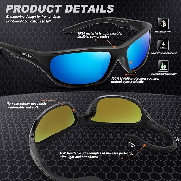Polarized Sports Sunglasses for Men,TR90 Unbreakable Frame Sunglasses for Fishing Driving Cycling UV400 Protection
